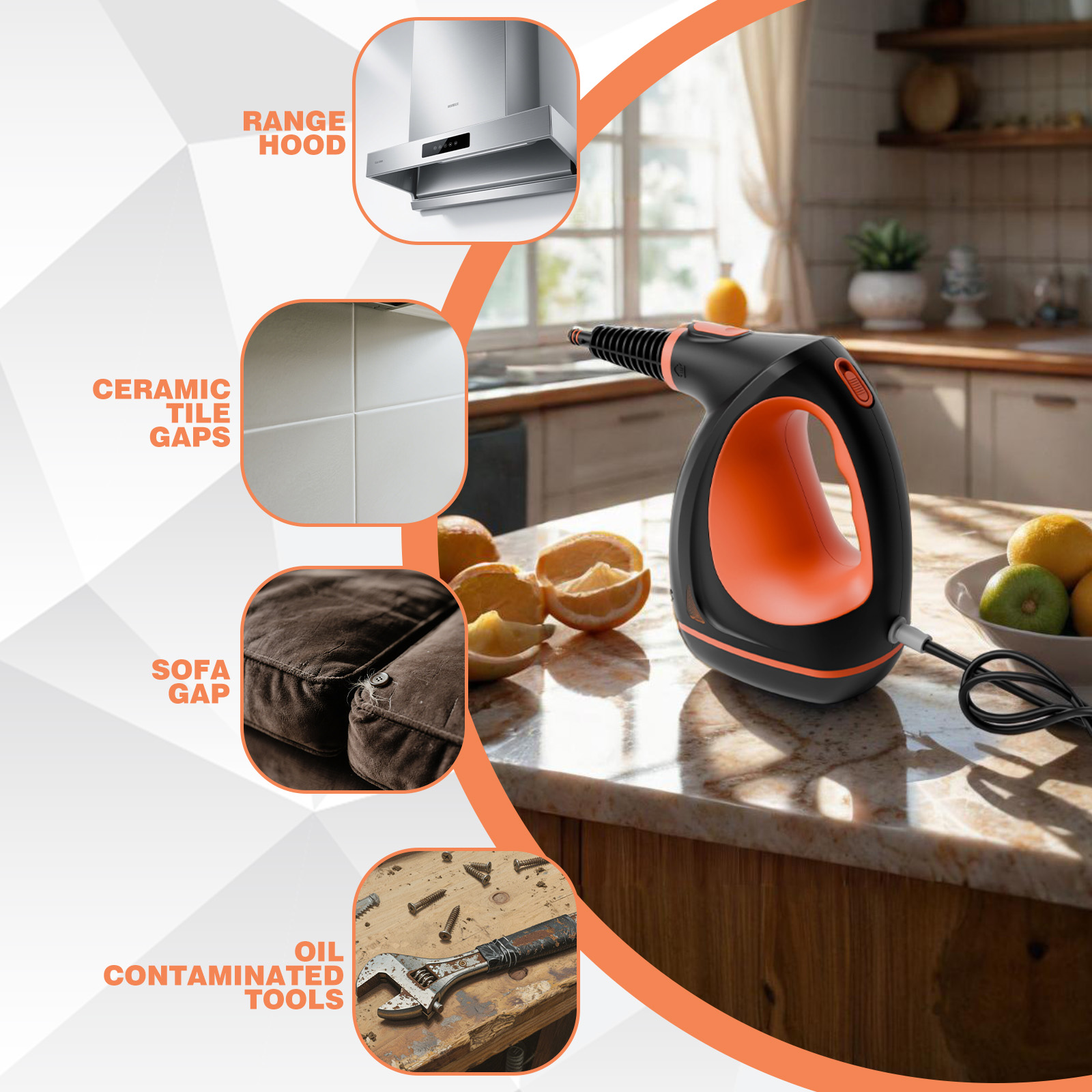 Handheld portable steam cleaner, suitable for steam cleaning of tiles, crevices, windows, bathrooms, kitchens, and fabrics