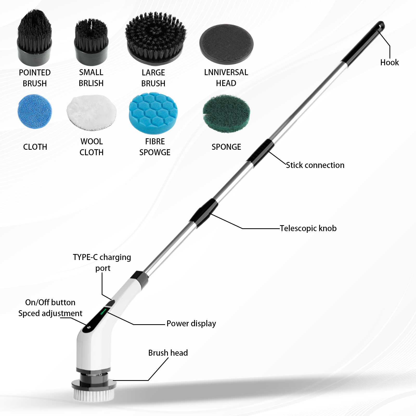 Electric rotary cleaner, household wireless cleaning brush cleaner with multiple replaceable brush heads and 3 adjustable sizes, suitable for bathroom shower, bathtub, glass surface, and car cleaning.