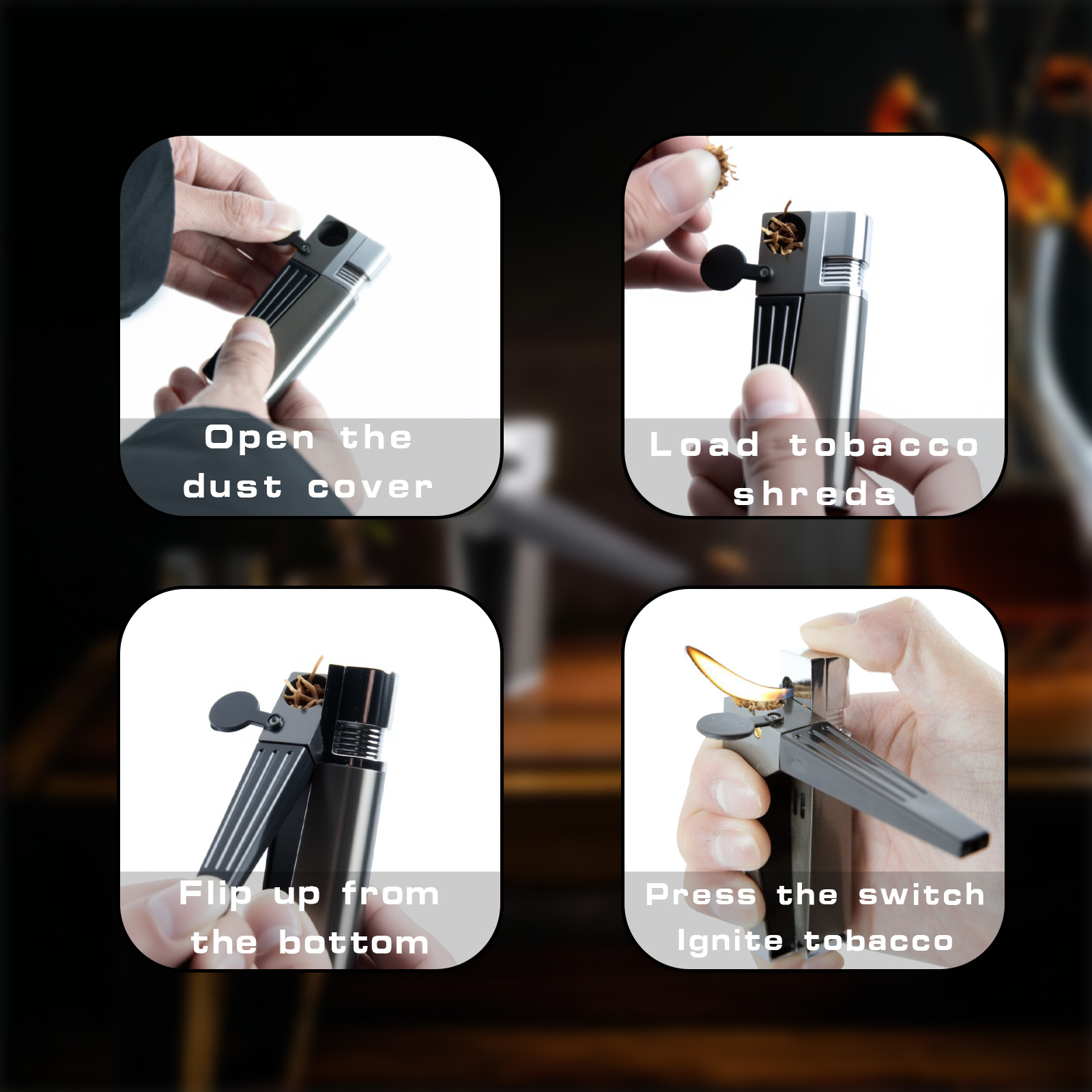 Pipe lighter, refillable lighter, 2-in-1 folding lighter, adjustable flame and refillable lighter, with gift box containing refilling aid (butane not included)