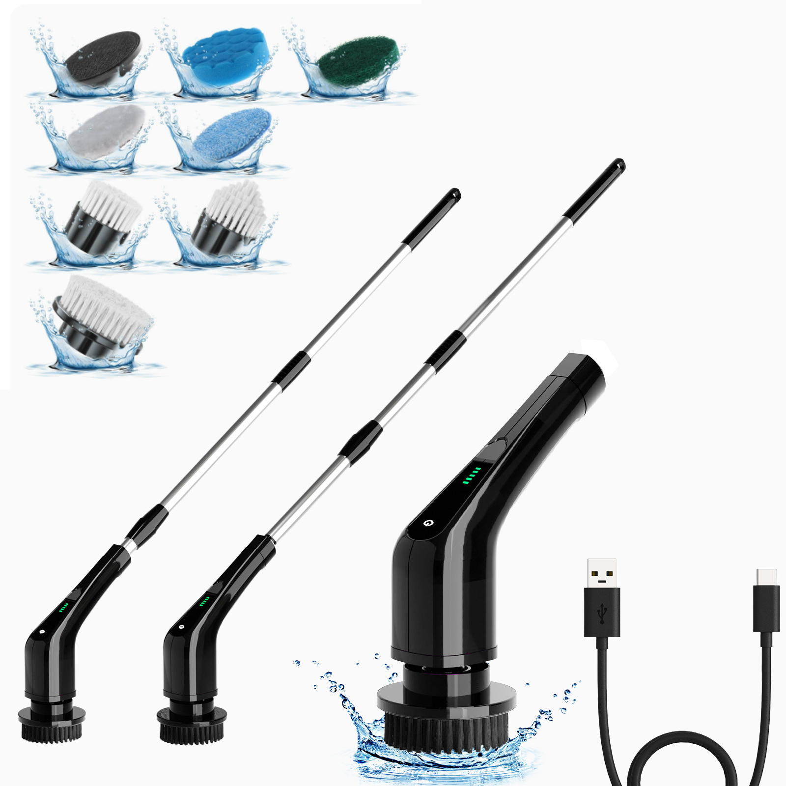 Electric rotary cleaner, household wireless cleaning brush cleaner with multiple replaceable brush heads and 3 adjustable sizes, suitable for bathroom shower, bathtub, glass surface, and car cleaning.