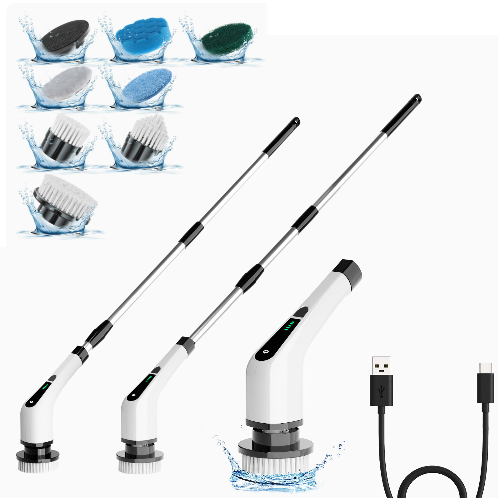 Electric rotary cleaner, household wireless cleaning brush cleaner with multiple replaceable brush heads and 3 adjustable sizes, suitable for bathroom shower, bathtub, glass surface, and car cleaning.