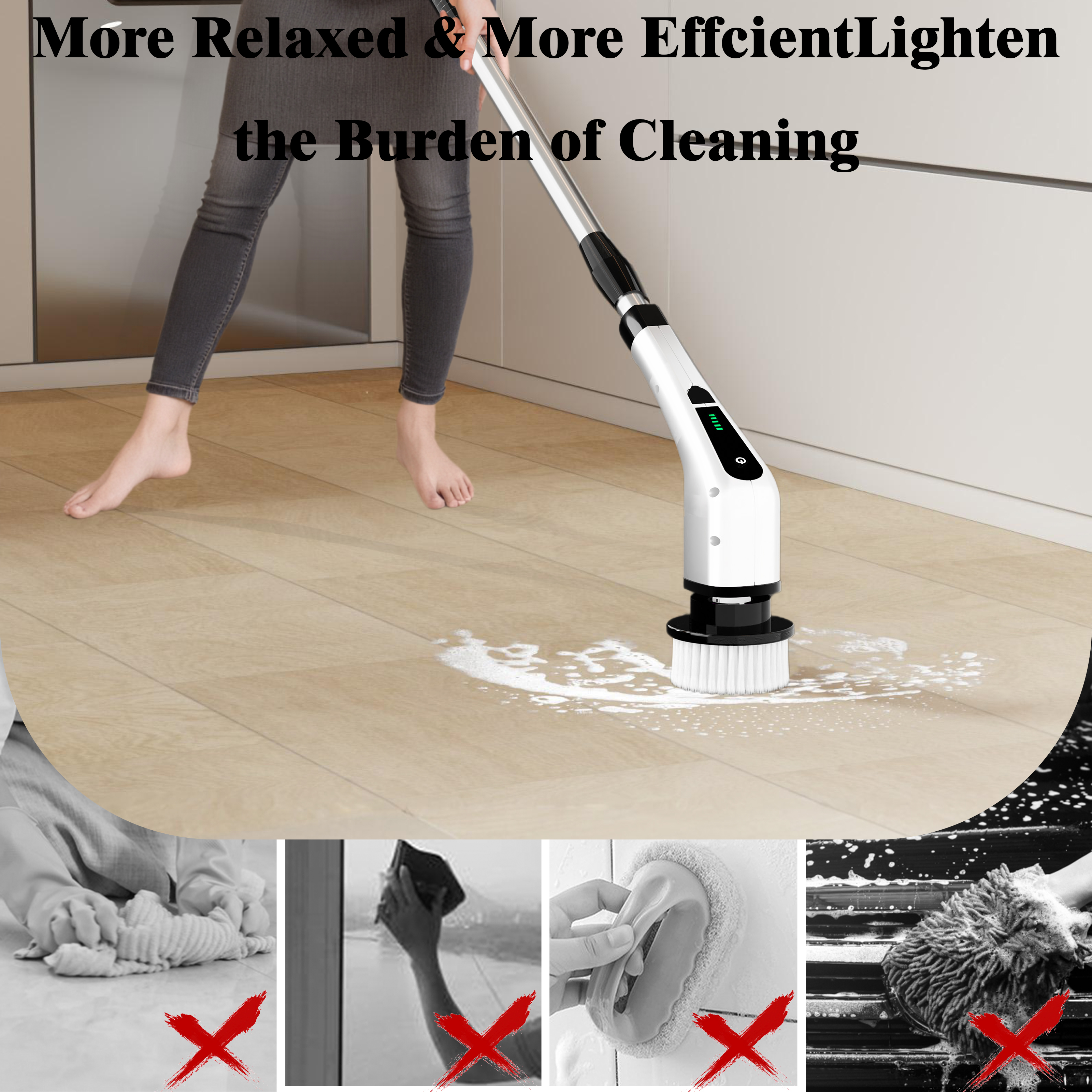 Electric rotary cleaner, household wireless cleaning brush cleaner with multiple replaceable brush heads and 3 adjustable sizes, suitable for bathroom shower, bathtub, glass surface, and car cleaning.