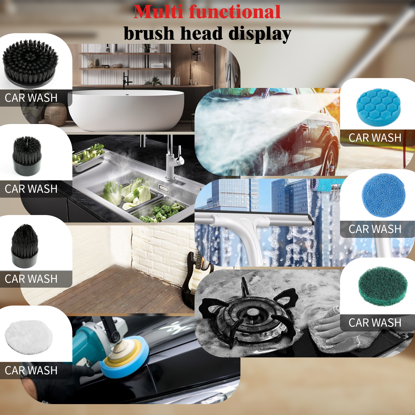 Electric rotary cleaner, household wireless cleaning brush cleaner with multiple replaceable brush heads and 3 adjustable sizes, suitable for bathroom shower, bathtub, glass surface, and car cleaning.